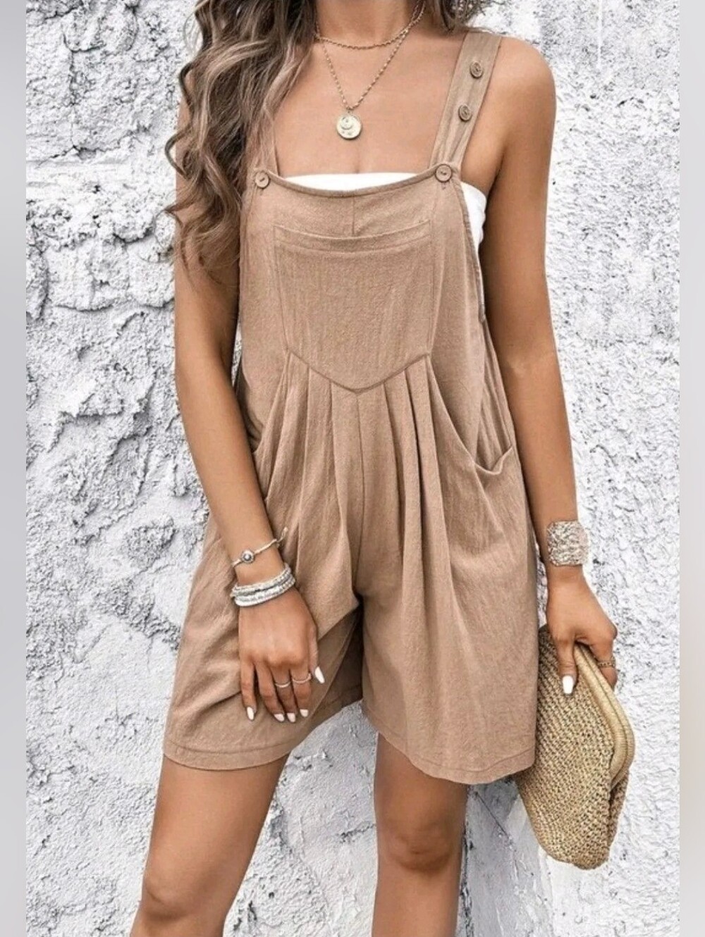 Miss Sparkling Lightweight Cotton Romper Shortalls – Khaki Size XL  NWT